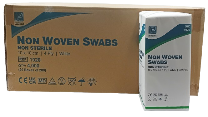 Non-Woven Swabs – 1920 – Non-Sterile – 4 Ply – 10cm x 10cm – Pack of 200 – Case of 20 Packs