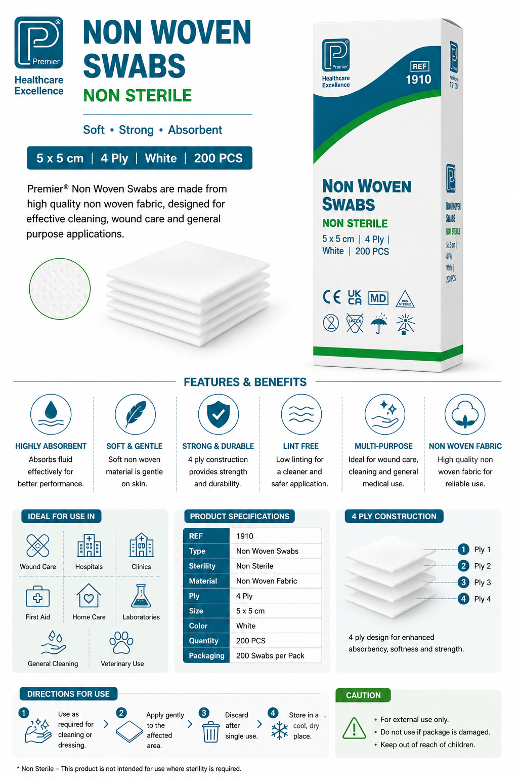 Non-Woven Swabs 1910 Non-Sterile 4 Ply – 5cm x 5cm – Pack of 200