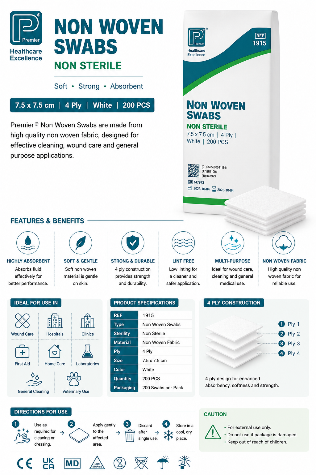 Non-Woven Swabs 1915 Non-Sterile 4 Ply – 7.5cm x 7.5cm – Pack of 200