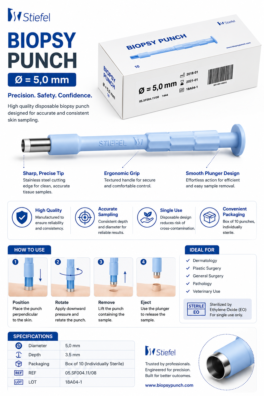 Stiefel Biopsy Punch 5mm Sterile Box of 10 | Disposable Skin Punches