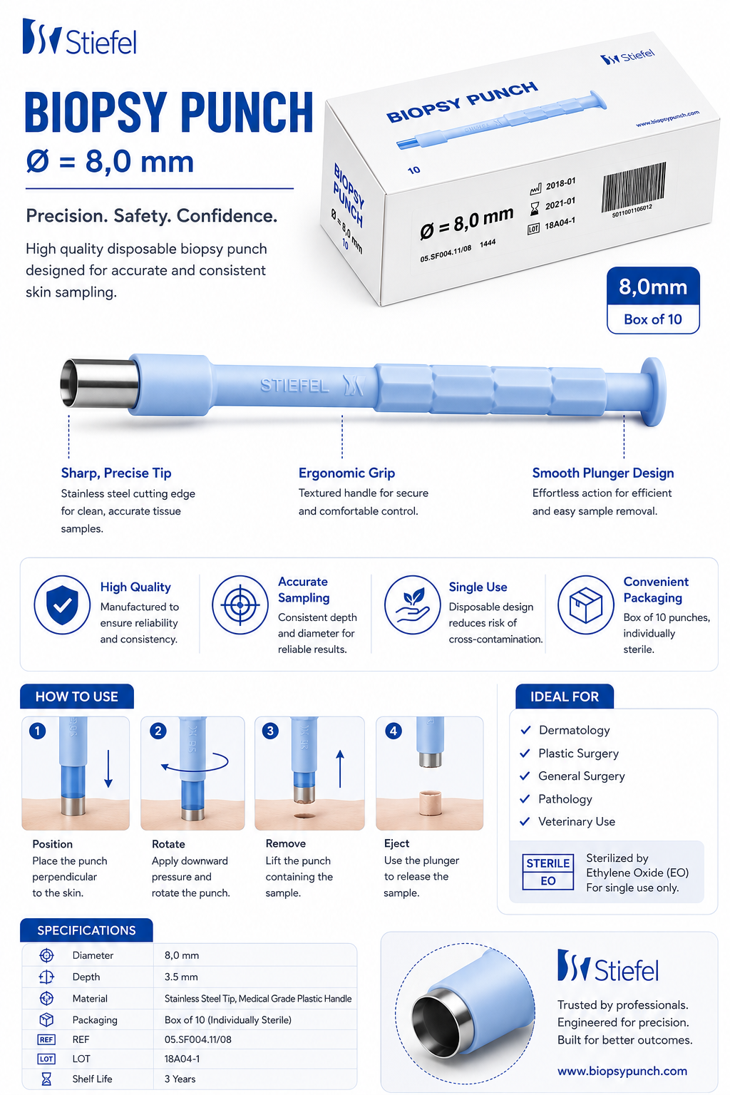Stiefel Biopsy Punch 8mm Sterile Box of 10 | Disposable Skin Punches