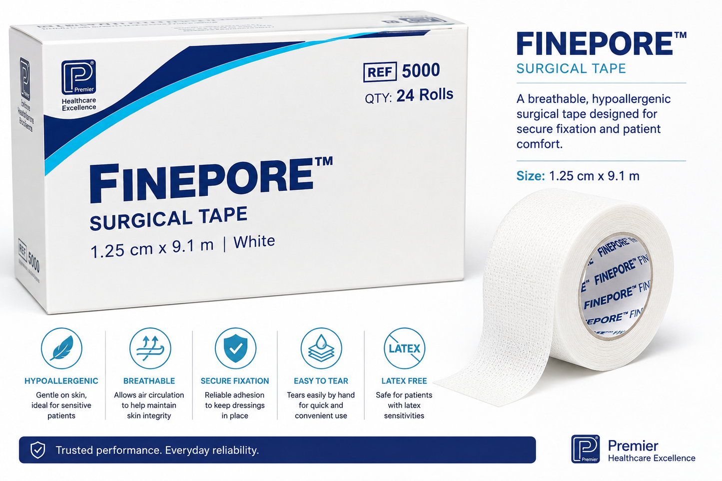 Finepore White Surgical Tape 1.25cm Box of 24 | Hypoallergenic Tape