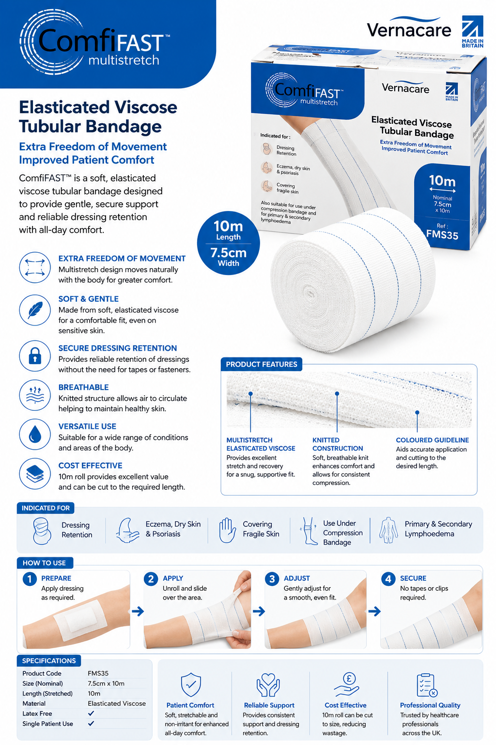 Comfifast Blue Line 7.5cm x 10m Large | Tubular Bandage Dressing Retention