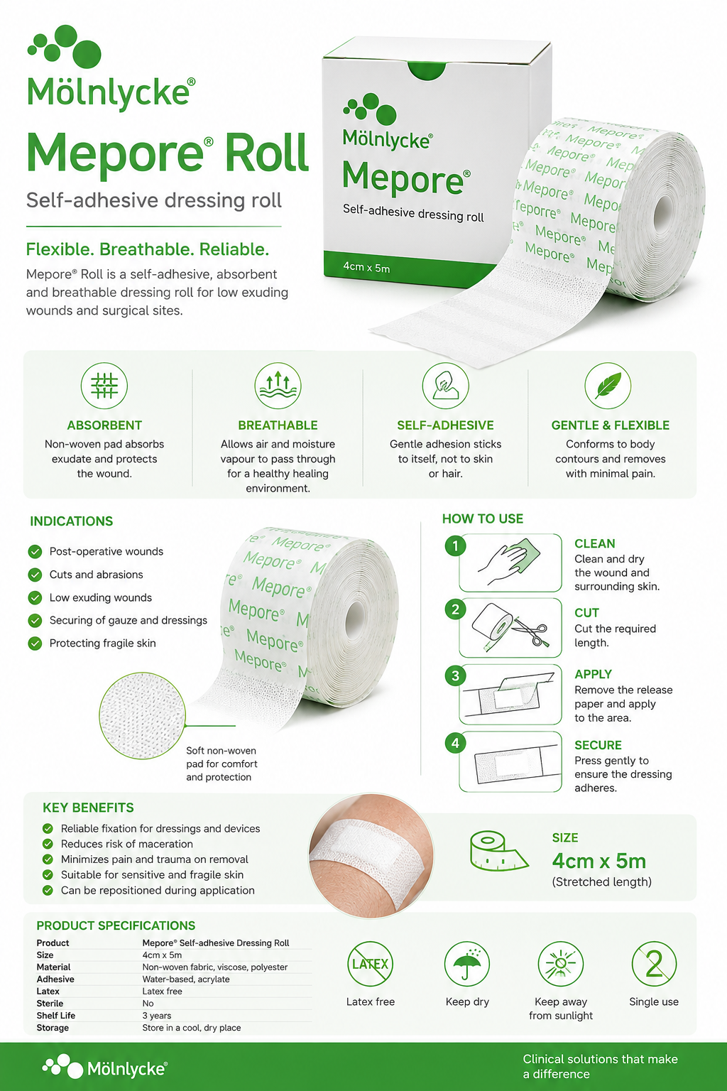 Mepore Roll 4cm x 5m Box of 1 | Self Adhesive Dressing Retention Roll