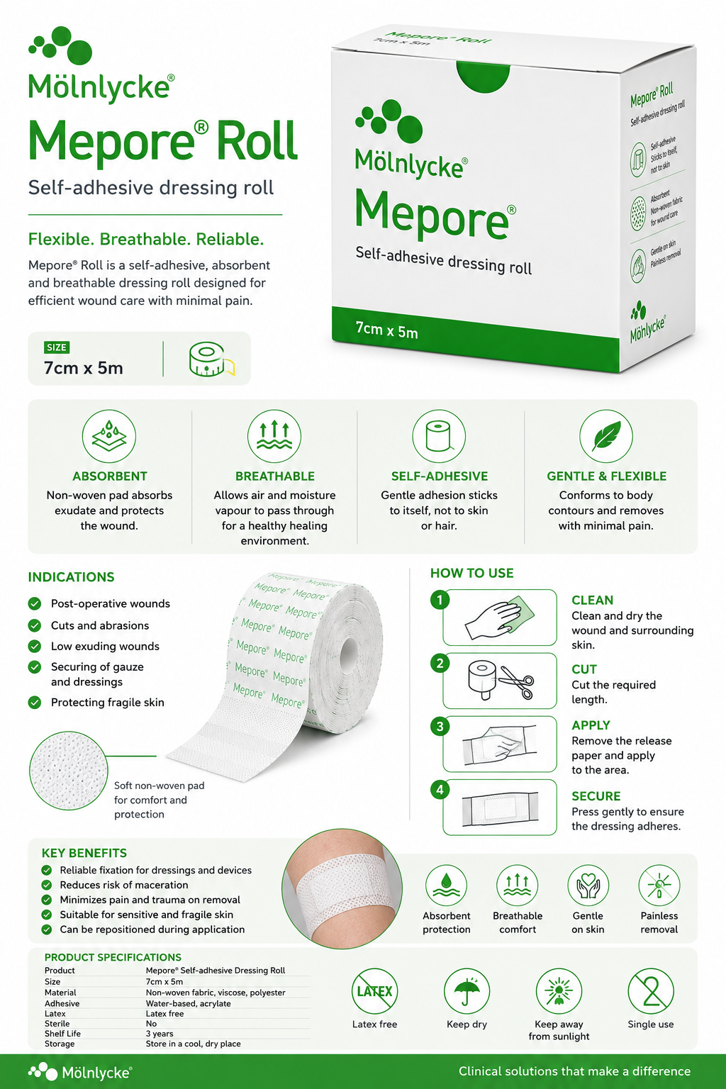 Mepore Roll 7cm x 5m Box of 1 | Self Adhesive Dressing Retention Roll