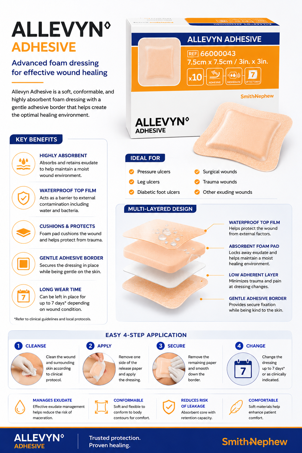 Allevyn Adhesive 7.5x7.5cm Box of 10 | Foam Wound Dressings