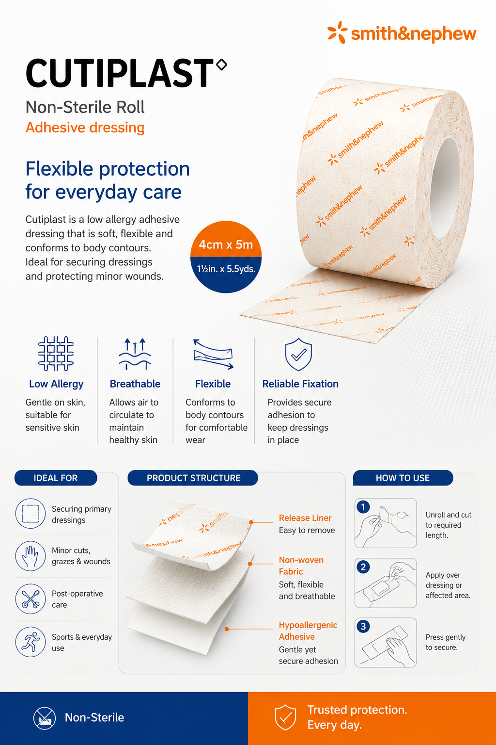 Cutiplast Non Sterile 4cm x 5m | Adhesive Dressing Retention Tape Roll