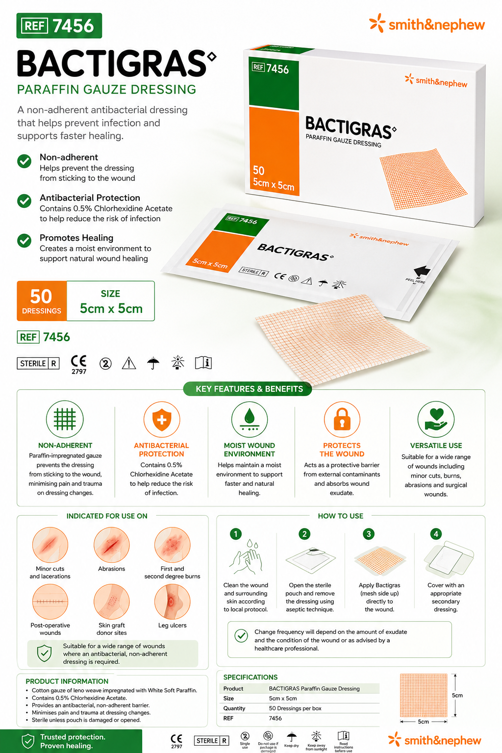 Bactigras 5x5cm Box of 50 | Sterile Paraffin Gauze Wound Dressings