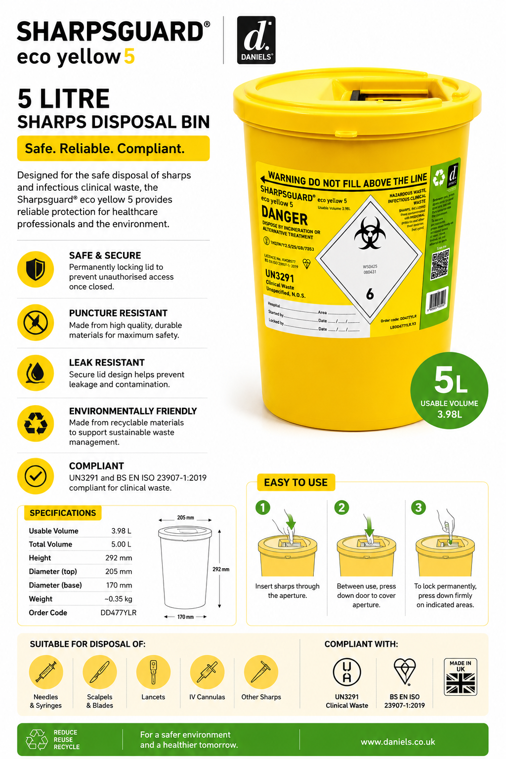 Sharpsguard 5L Yellow Sharps Container Bin & Lid | Clinical Sharps Bin