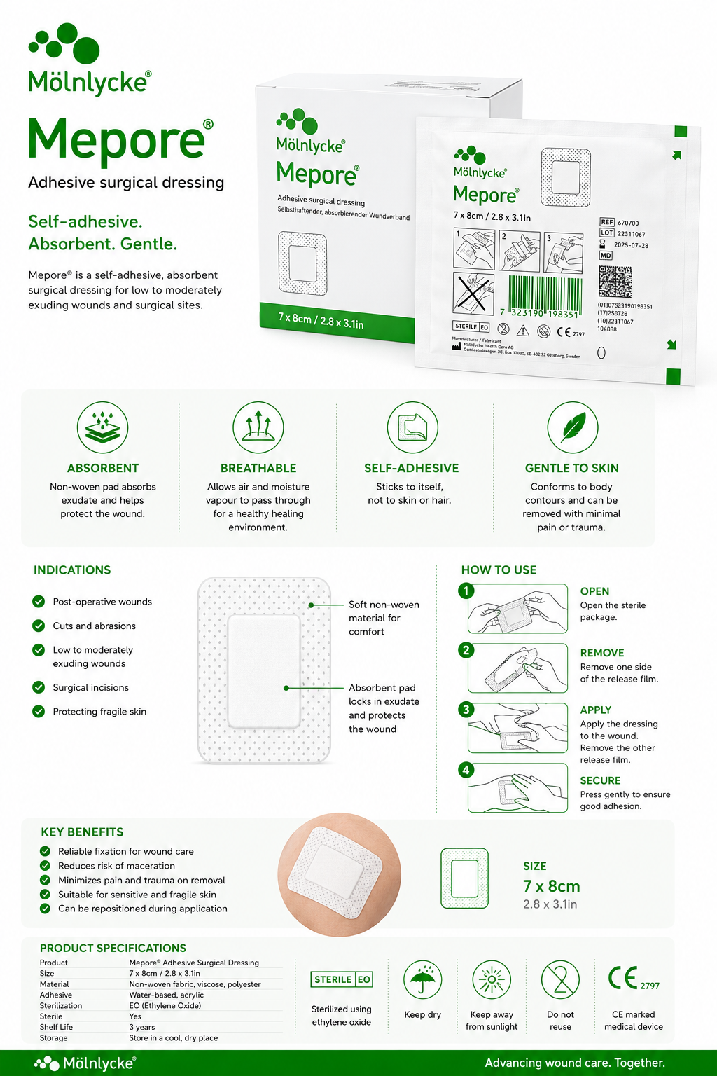 Mepore 7x8cm Box of 55 | Sterile Self Adhesive Wound Dressings