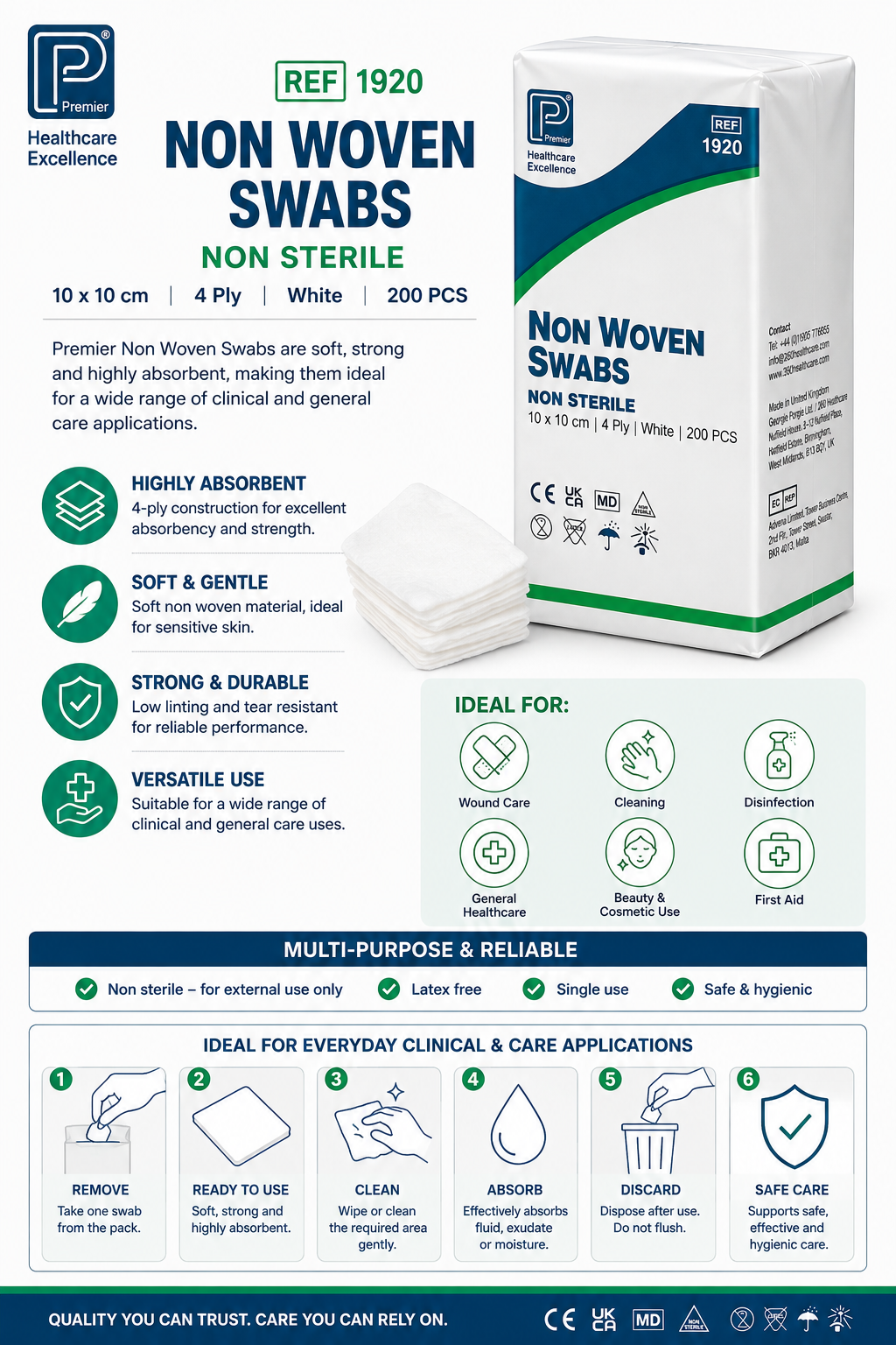 Non Woven Swabs 10x10cm 4 Ply Non Sterile Pack of 200 | Medical Gauze