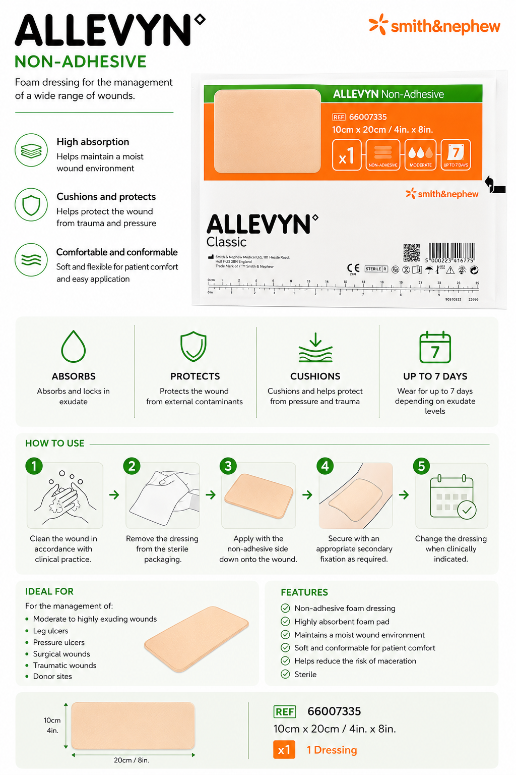 Allevyn Non Adhesive 10x20cm Box of 10 | Foam Wound Dressings Sterile