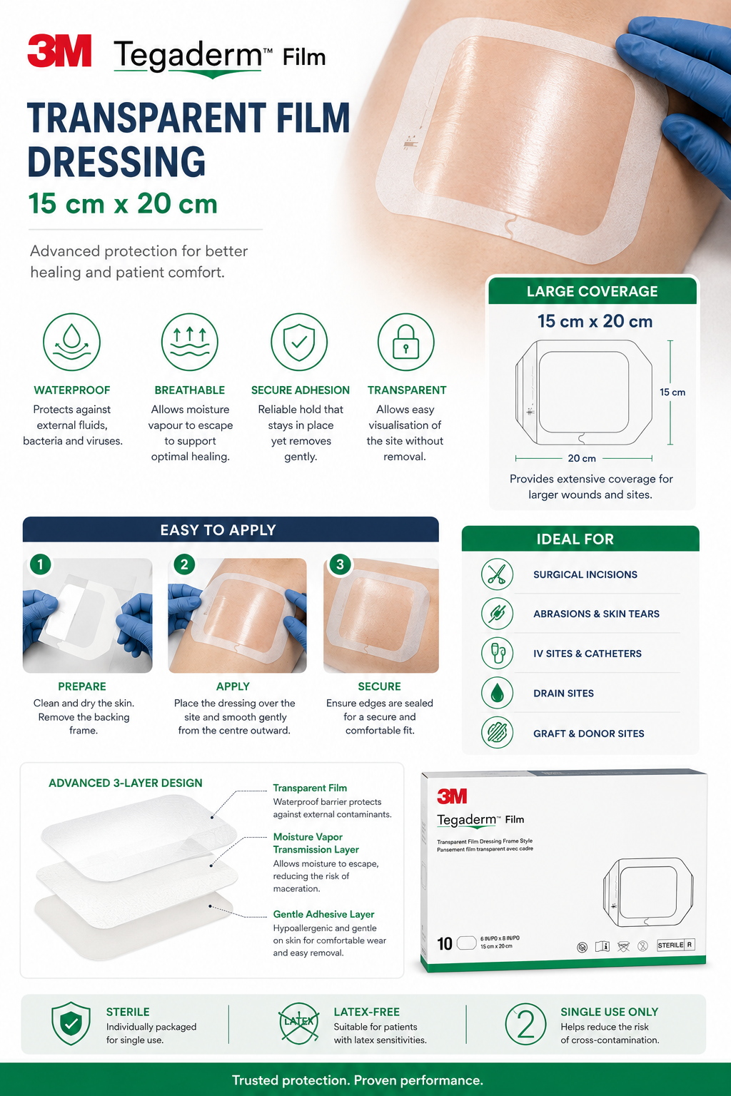3M Tegaderm Film Dressing 15x20cm Box of 10 | Transparent Dressings