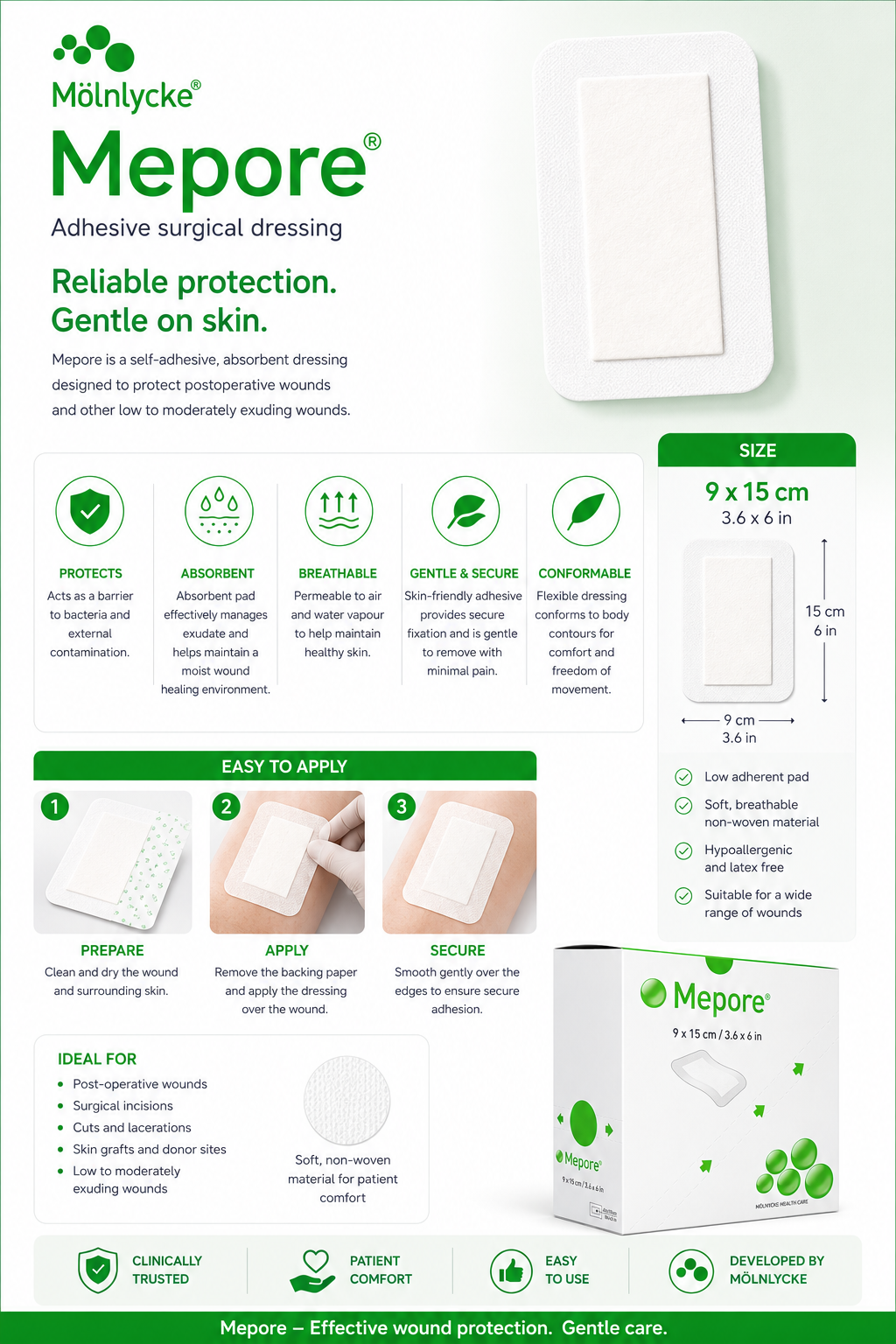 Mepore 9x15cm Box of 50 | Sterile Self Adhesive Wound Dressings