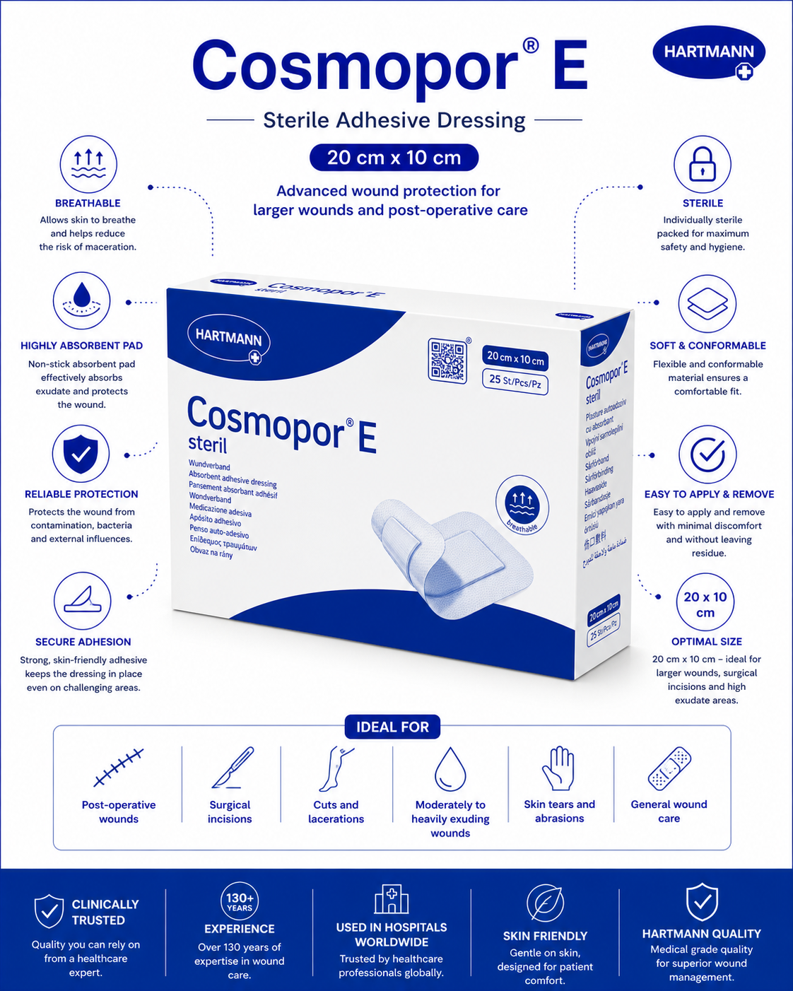 Cosmopor E 20x10cm Box of 25 | Sterile Adhesive Wound Dressings