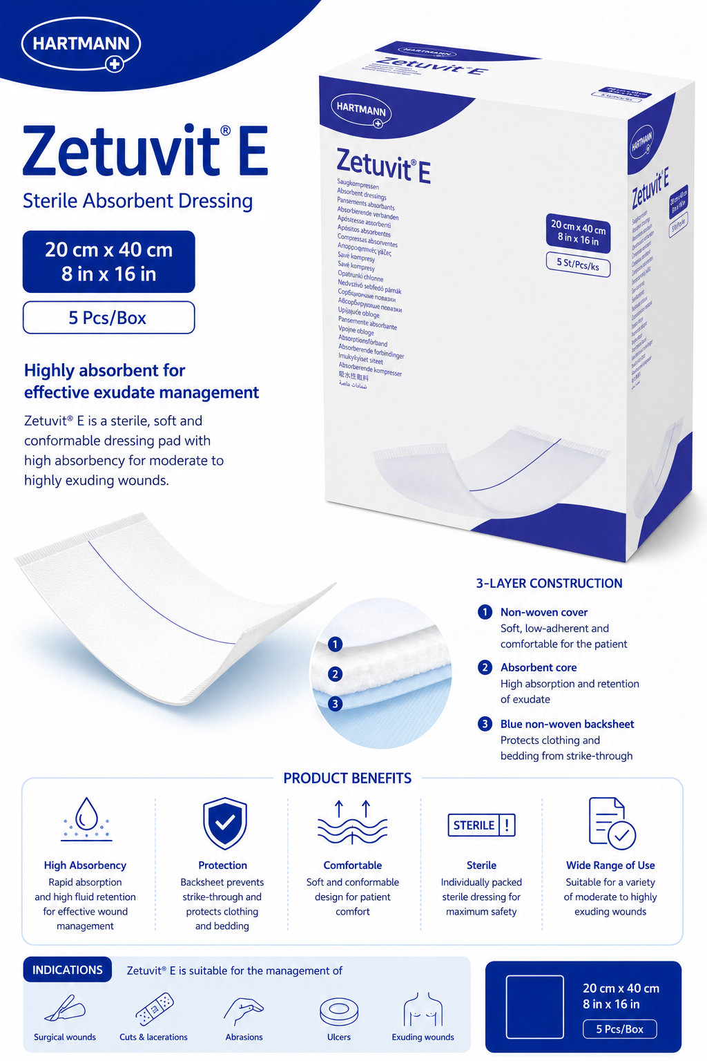 Zetuvit E Sterile 20x40cm Box of 5 | Absorbent Wound Dressings