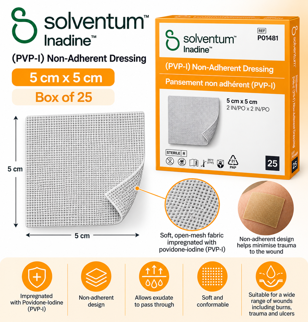 Inadine 5x5cm Box of 25 | PVP-I Non Adherent Wound Dressings Sterile
