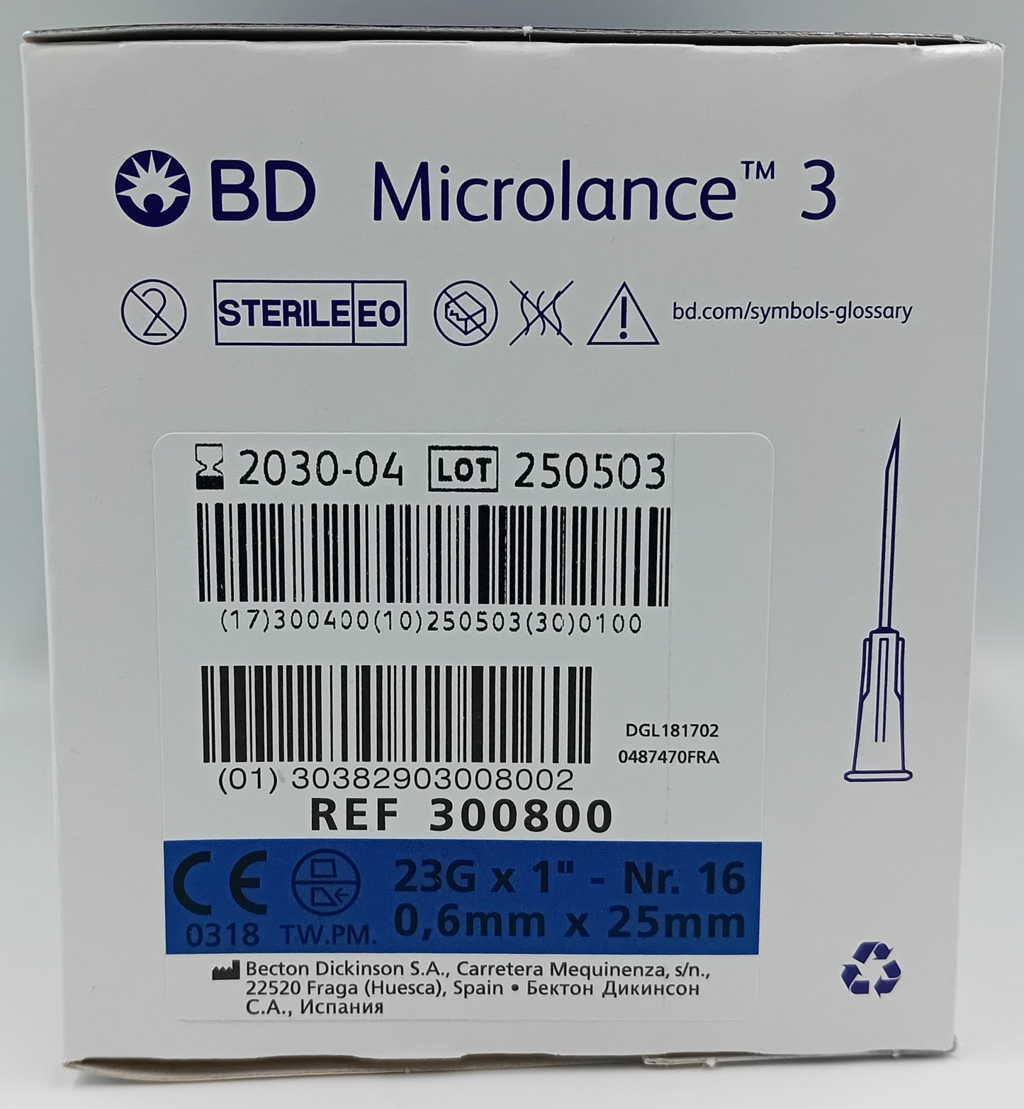 BD Microlance 3 Needles – 23G x 1" (0.6mm x 25mm) – Blue – Box of 100