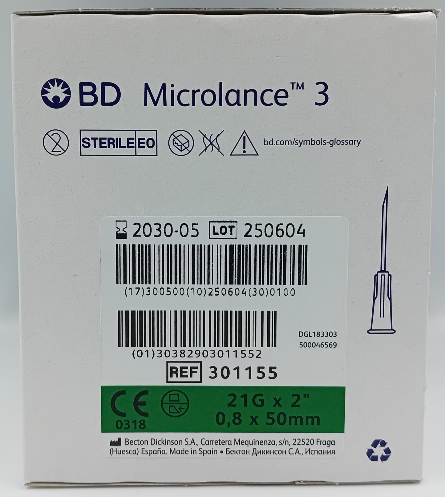 BD Microlance 3 Needles – 21G x 2" (0.8mm x 50mm) – Green – Box of 100