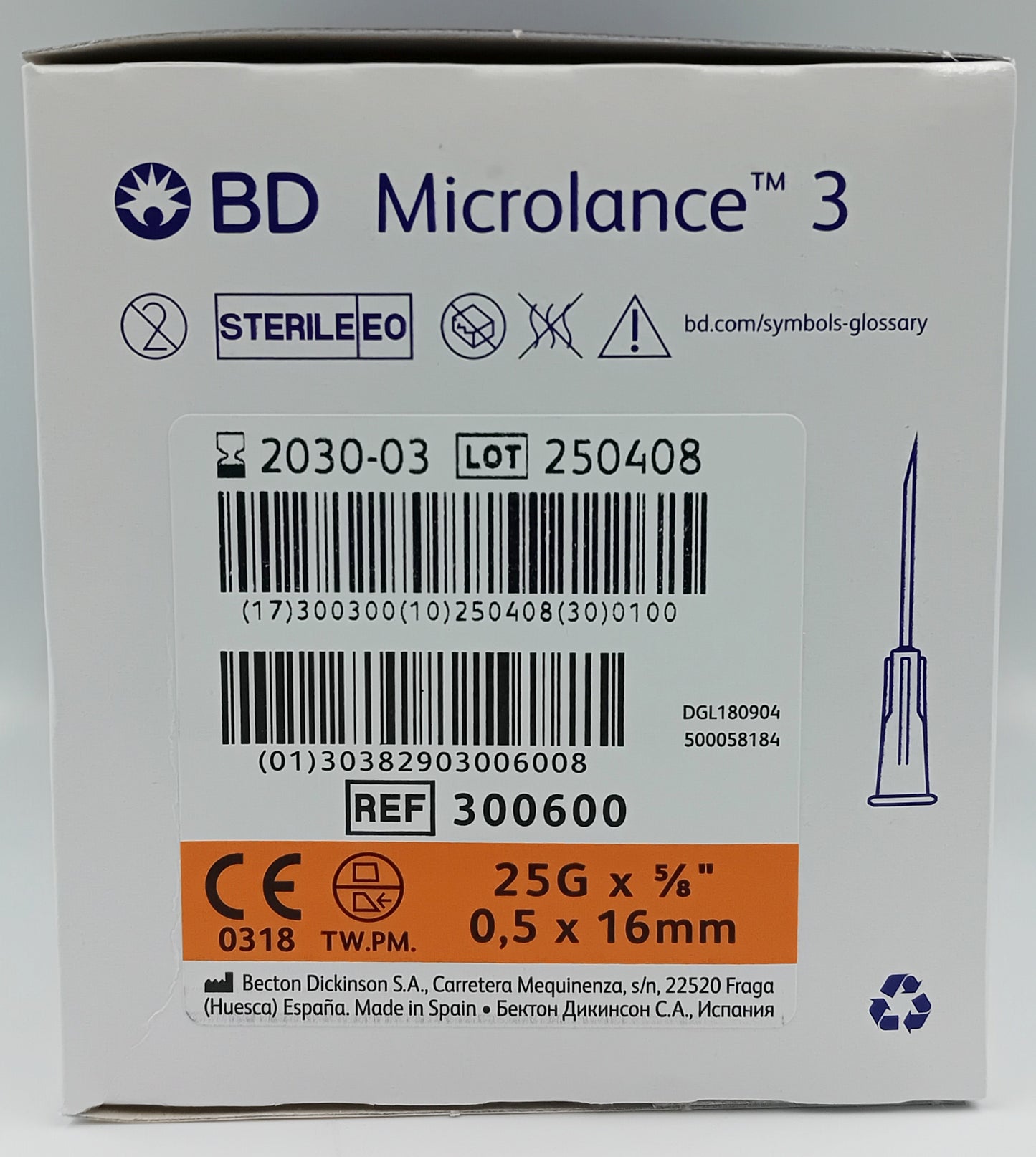 BD Microlance Needles – 25G x ⅝" (0.5mm x 16mm) – Orange – Box of 100