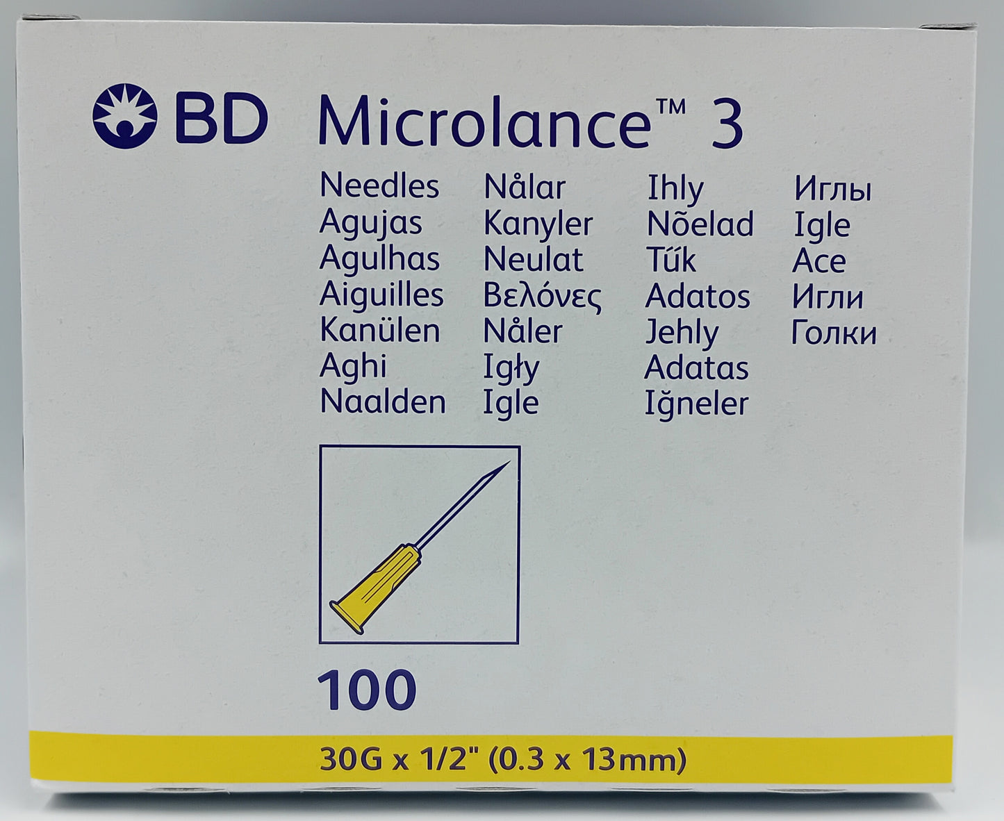 BD Microlance Needles – 30G x ½" (0.3mm x 13mm) – Yellow – Box of 100