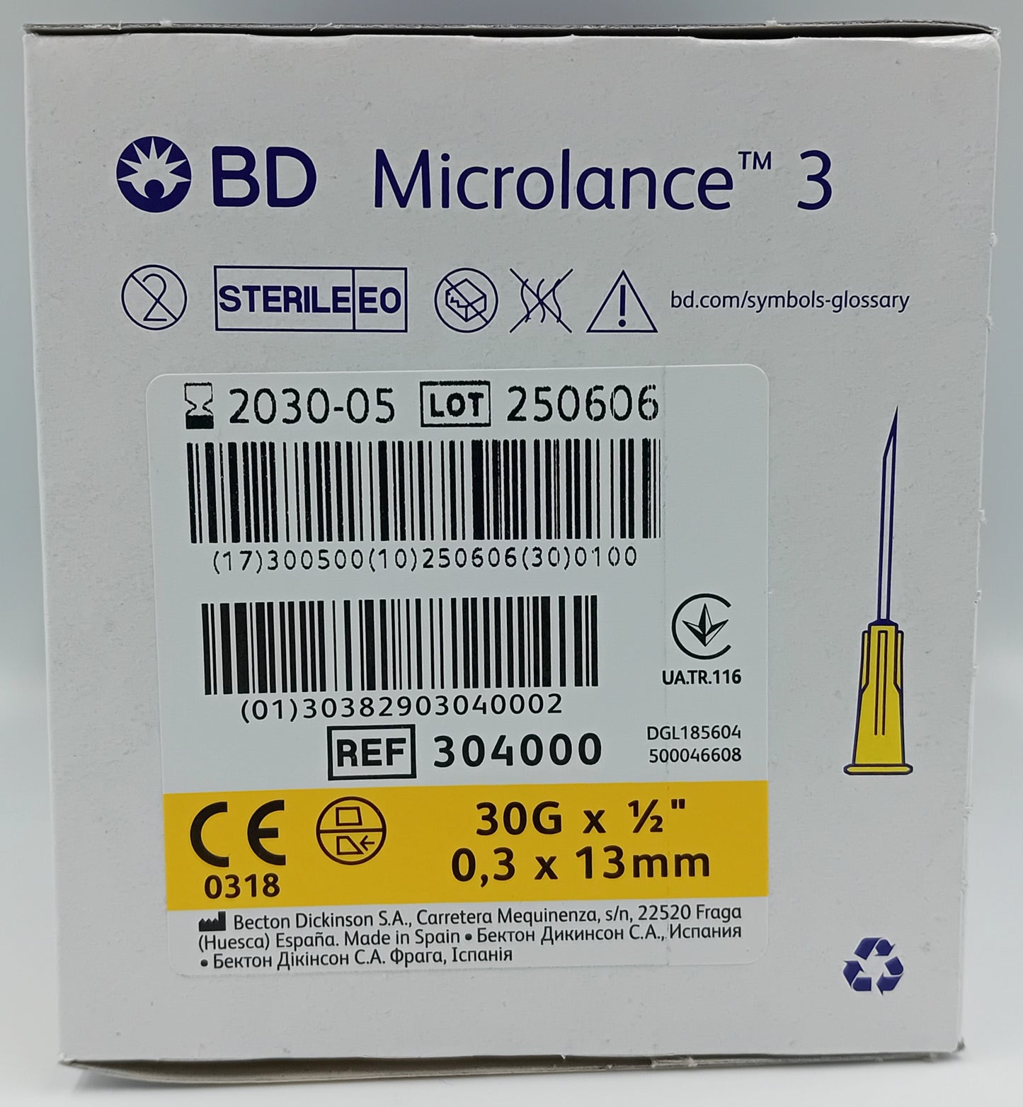 BD Microlance Needles – 30G x ½" (0.3mm x 13mm) – Yellow – Box of 100