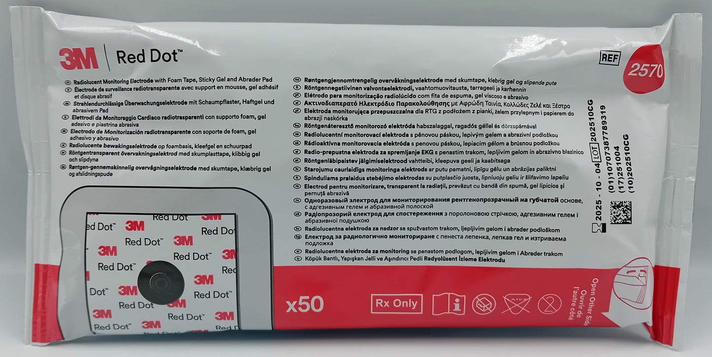 Red Dot ECG Electrodes 2570 – Foam Radiolucent – Box of 50 – Disposable Electrodes