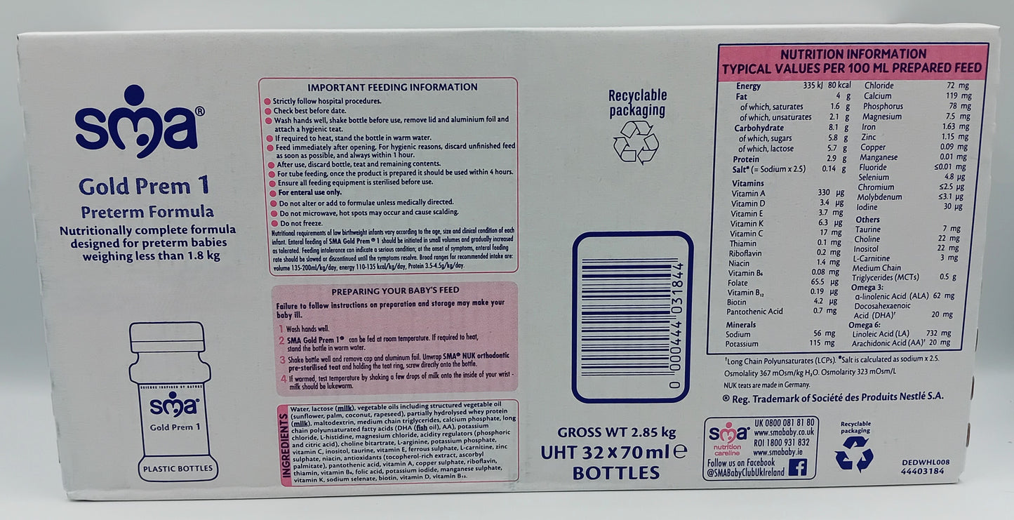SMA Gold Prem 1 – 70ml Ready-to-Feed Bottles – Box of 32