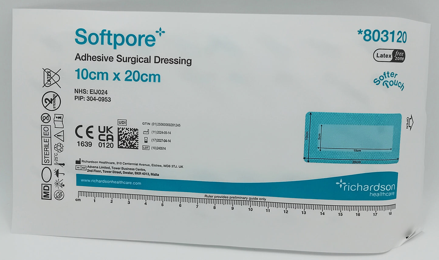 Softpore Adhesive Surgical Dressing 10cm x 20cm - Pack of 10 | Soft and Breathable Wound Care for Post-Operative and Minor Wounds