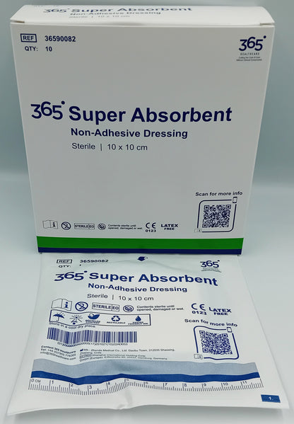 365 Super Absorbent Dressing 10x10cm Non-Adhesive - Box of 10 | Sterile Pads