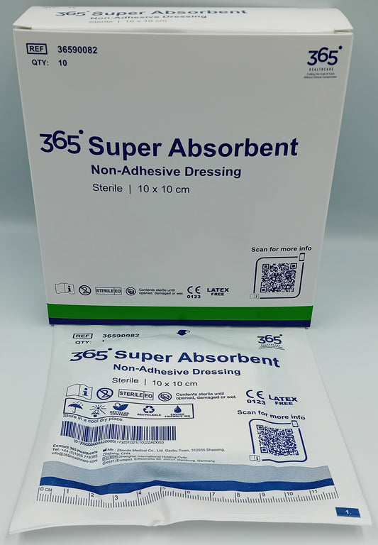 365 Super Absorbent Dressing 10x10cm Non-Adhesive - Box of 10 | Sterile Pads