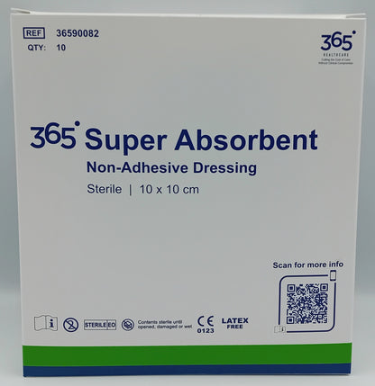 365 Super Absorbent Dressing 10x10cm Non-Adhesive - Box of 10 | Sterile Pads