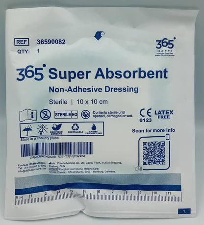 365 Super Absorbent Dressing 10x10cm Non-Adhesive - Box of 10 | Sterile Pads