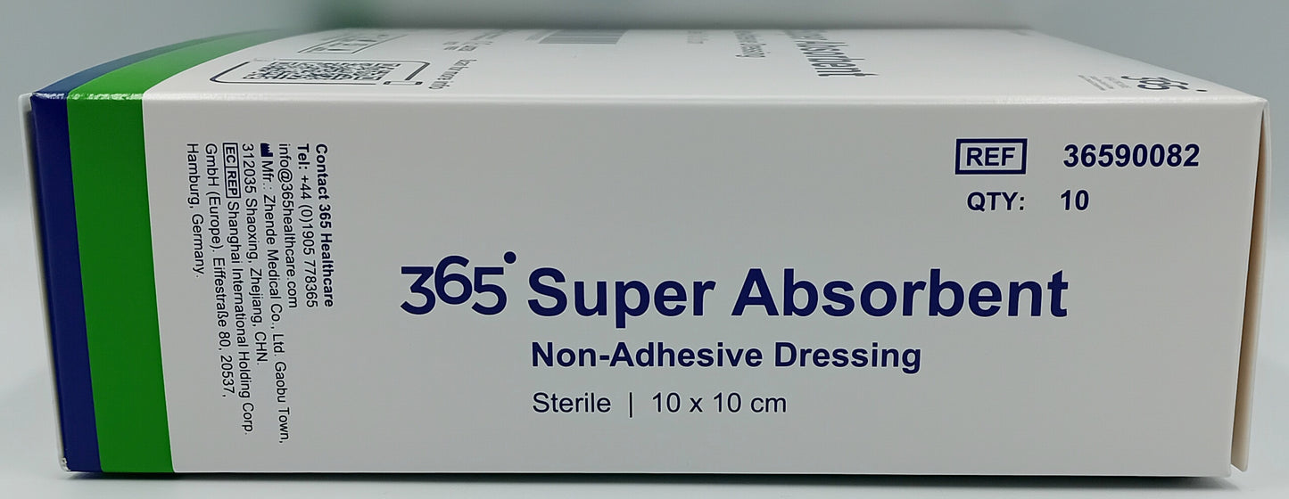 365 Super Absorbent Dressing 10x10cm Non-Adhesive - Box of 10 | Sterile Pads