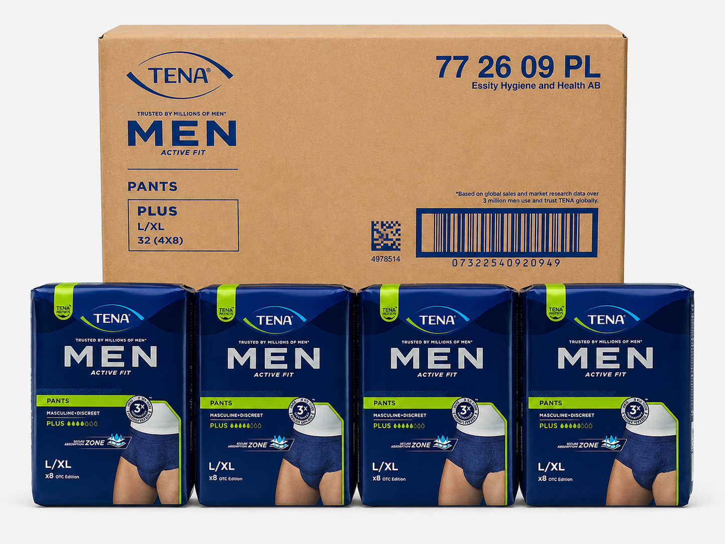 TENA Men Active Fit Pants Plus L - Case of 4 Packs of 8 (32 Pants Total)