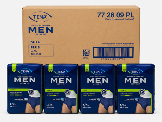 TENA Men Active Fit Pants Plus L - Case of 4 Packs of 8 (32 Pants Total)