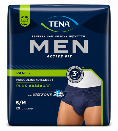 TENA Men Active Fit Pants Plus S/M - Case of 4 Packs of 9 (36 Pants Total)