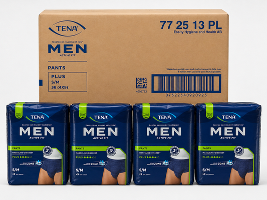 TENA Men Active Fit Pants Plus S/M - Case of 4 Packs of 9 (36 Pants Total)