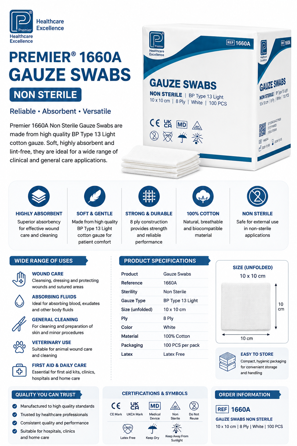 Gauze Swabs 1660A Non-Sterile 8 Ply – 10cm x 10cm – Pack of 100
