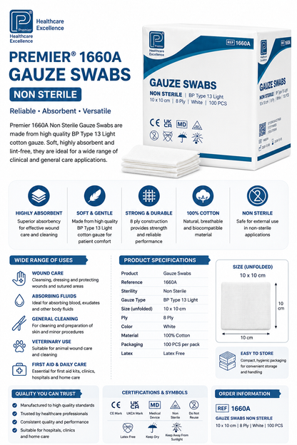 Gauze Swabs 1660A Non-Sterile 8 Ply – 10cm x 10cm – Pack of 100