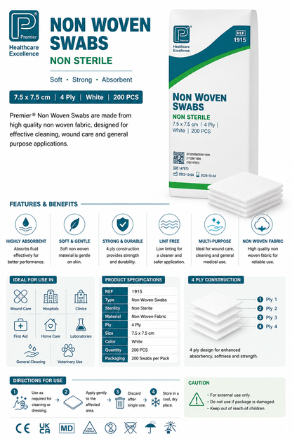 Non-Woven Swabs 1915 Non-Sterile 4 Ply – 7.5cm x 7.5cm – Pack of 200