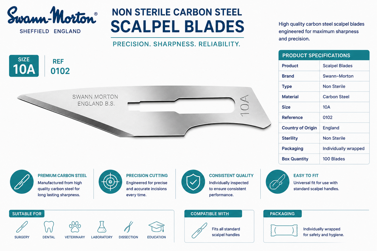 Swann-Morton No.10A Carbon Scalpel Blades 0102 | Non Sterile Surgical Blades