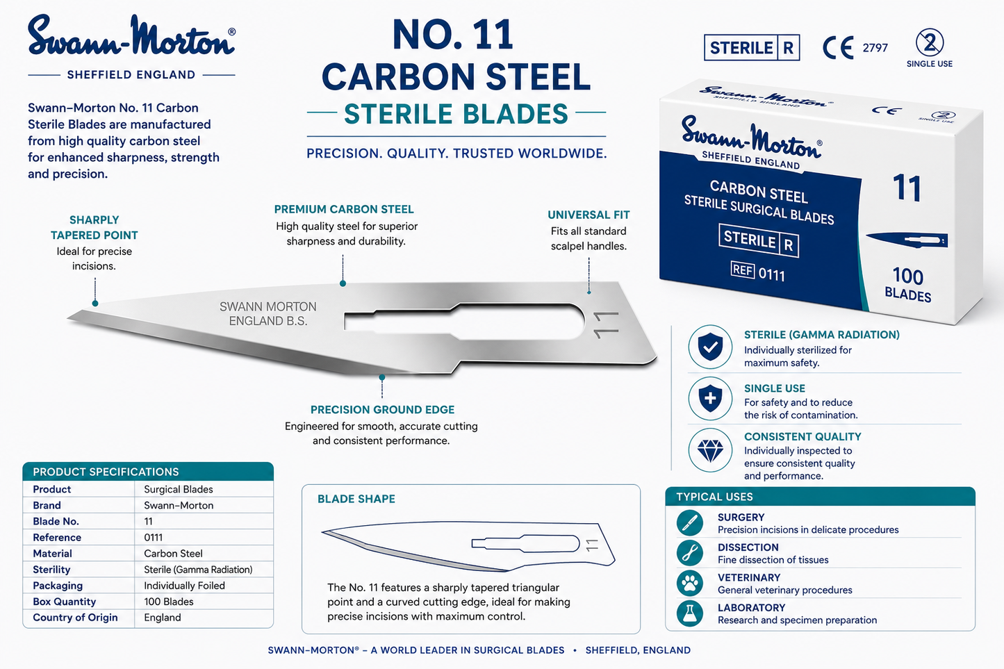 Swann-Morton No.11 Carbon Sterile Blades 0203 | Surgical Scalpel Blades