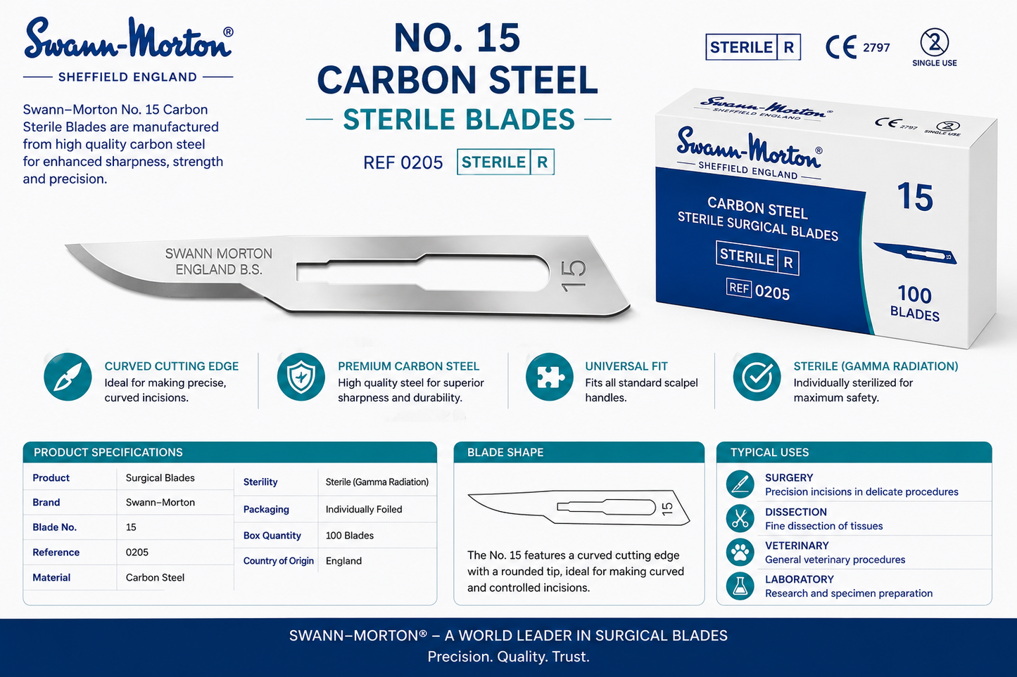 Swann-Morton No.15 Carbon Sterile Blades 0205 | Surgical Scalpel Blades