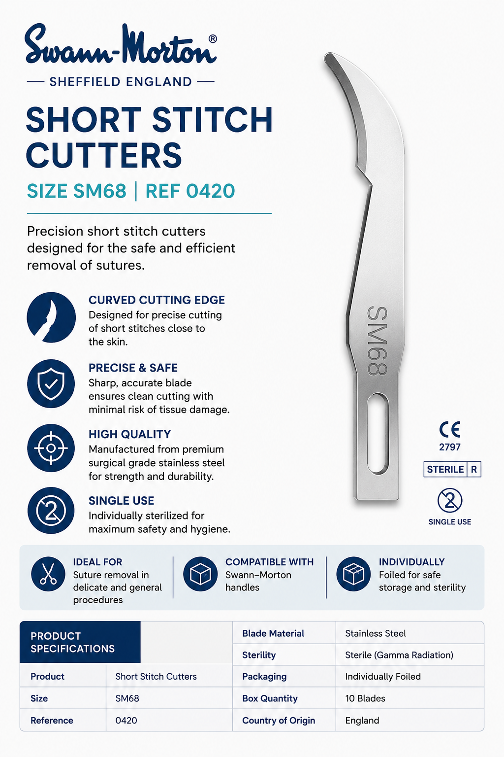 Swann-Morton SM68 Short Stitch Cutter 0420 | Sterile Suture Removal Blade