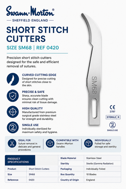 Swann-Morton SM68 Short Stitch Cutter 0420 | Sterile Suture Removal Blade