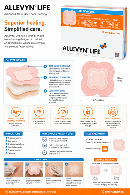 ALLEVYN Life 10.3x10.3cm Box of 10 | Silicone Foam Wound Dressings