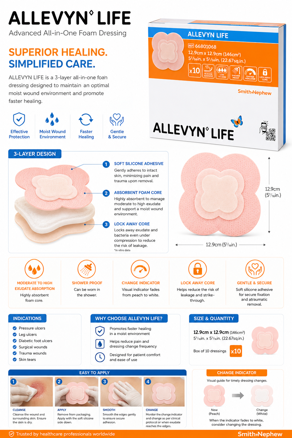 ALLEVYN Life 12.9x12.9cm Box of 10 | Silicone Foam Wound Dressings