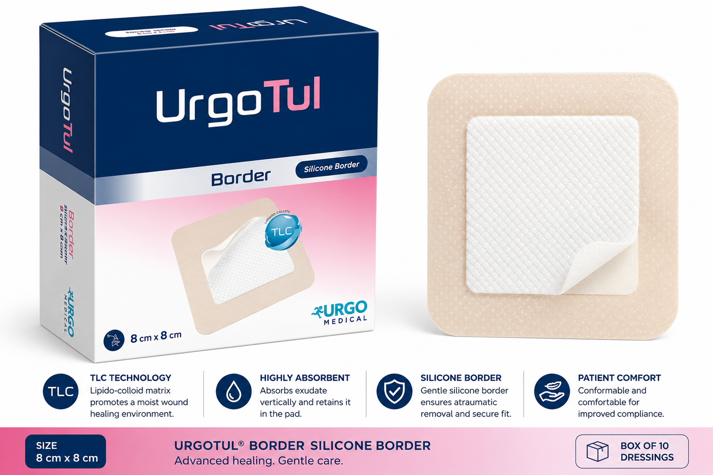 UrgoTul Border Silicone Dressing 8x8cm Box of 16 | Sterile Foam Dressing