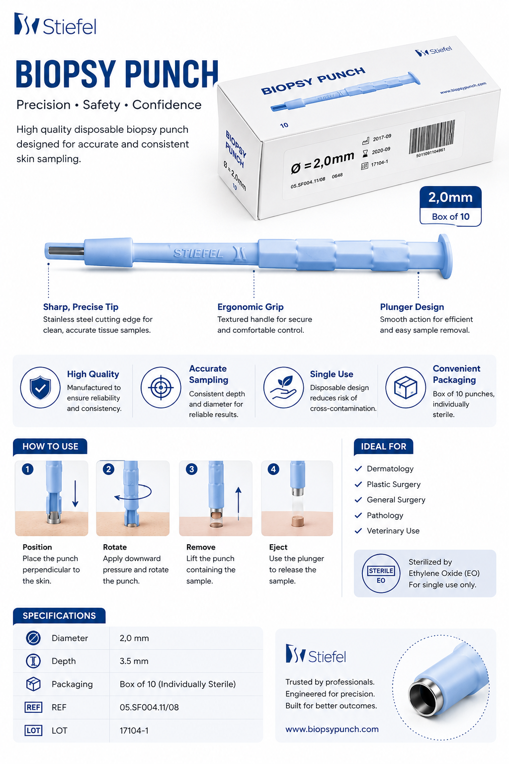 Stiefel Biopsy Punch 2mm Sterile Box of 10 | Disposable Skin Punches